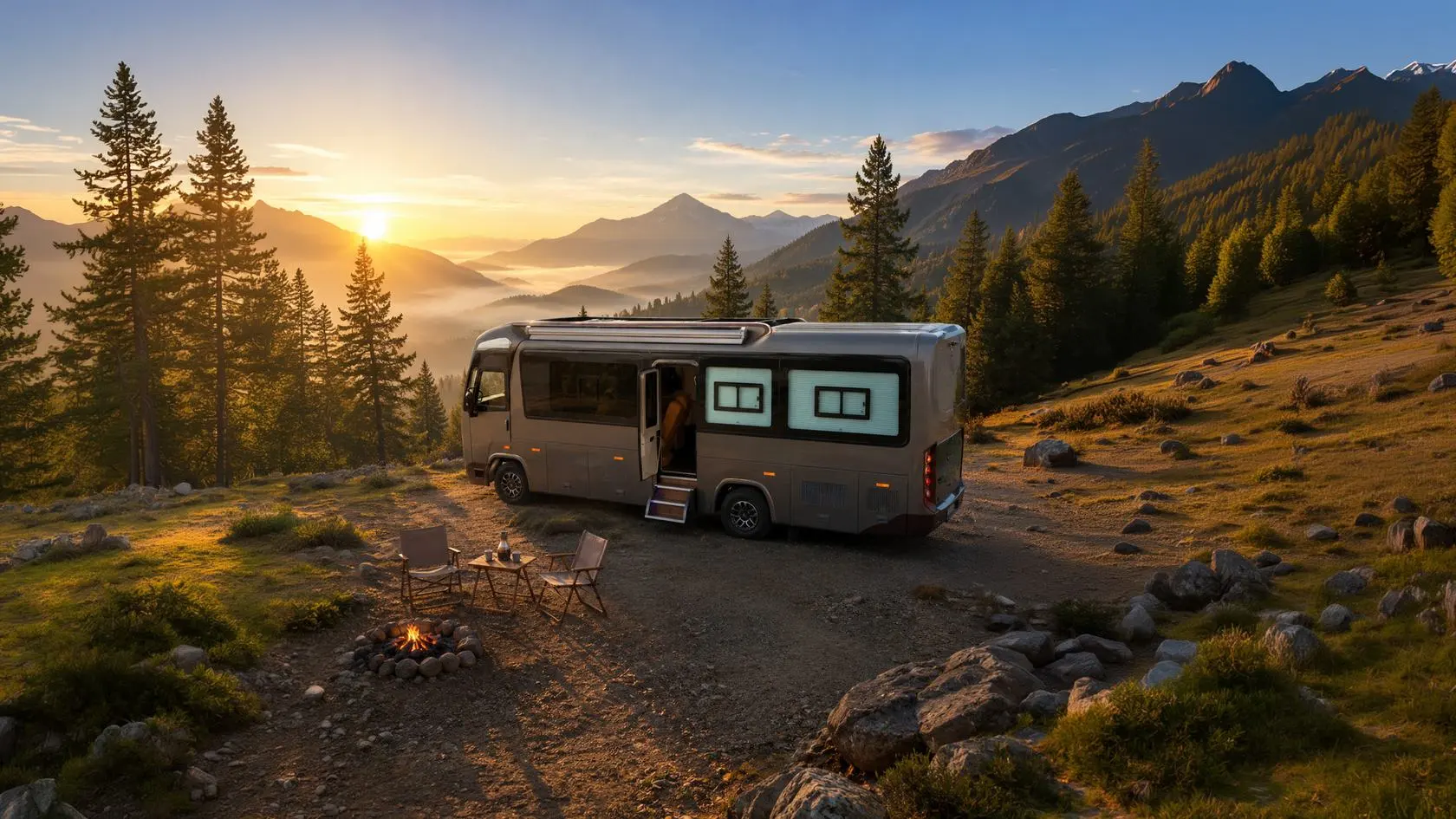 A campfire lit beside the motorhome as the sun rises