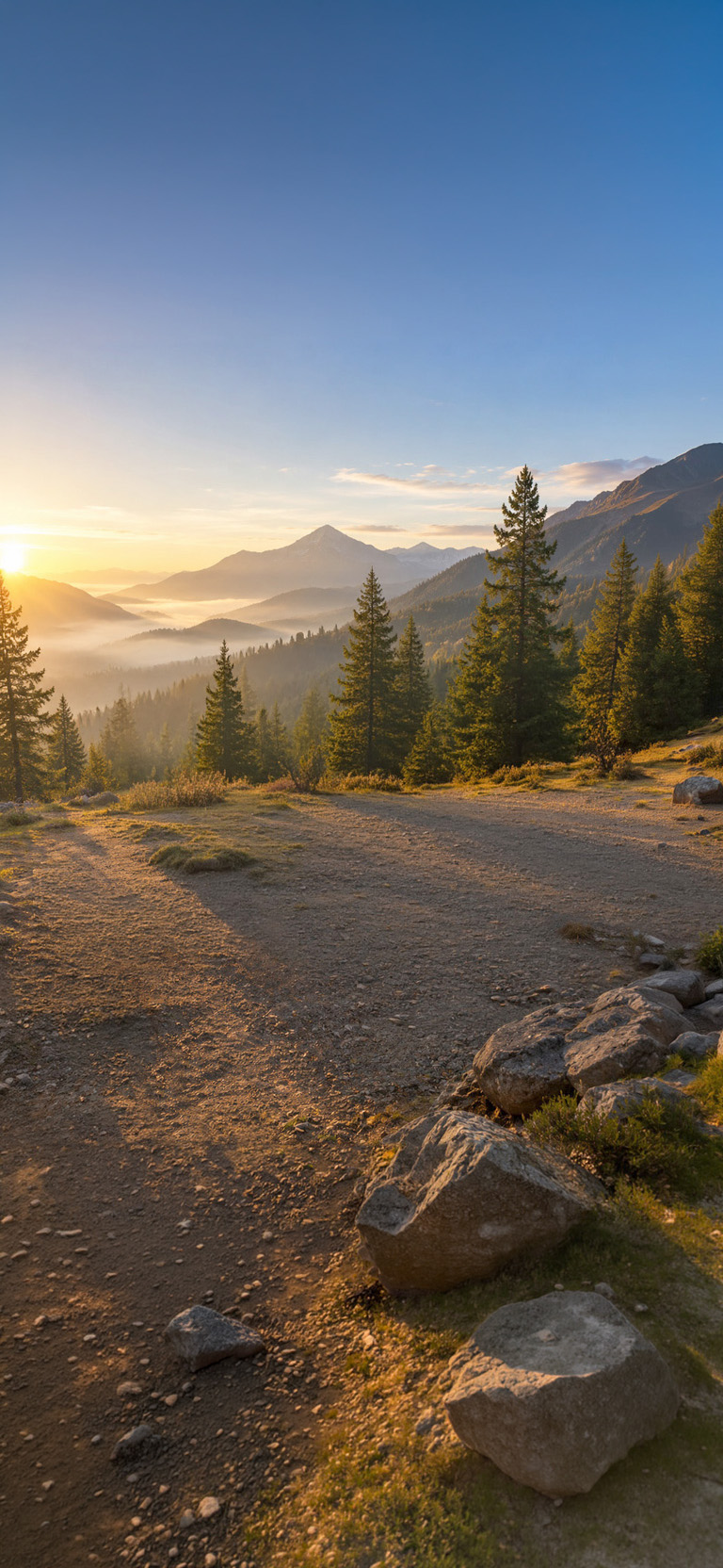 Mountain clearing at sunrise with mist in the valley