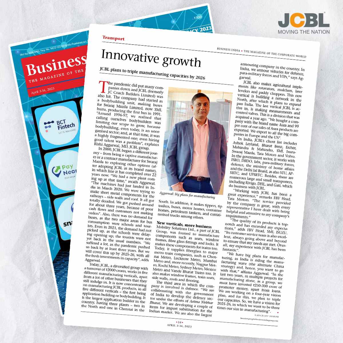 JCBL plans to triple manufacturing capacities by 2026 , Business India , April Edition, 2023