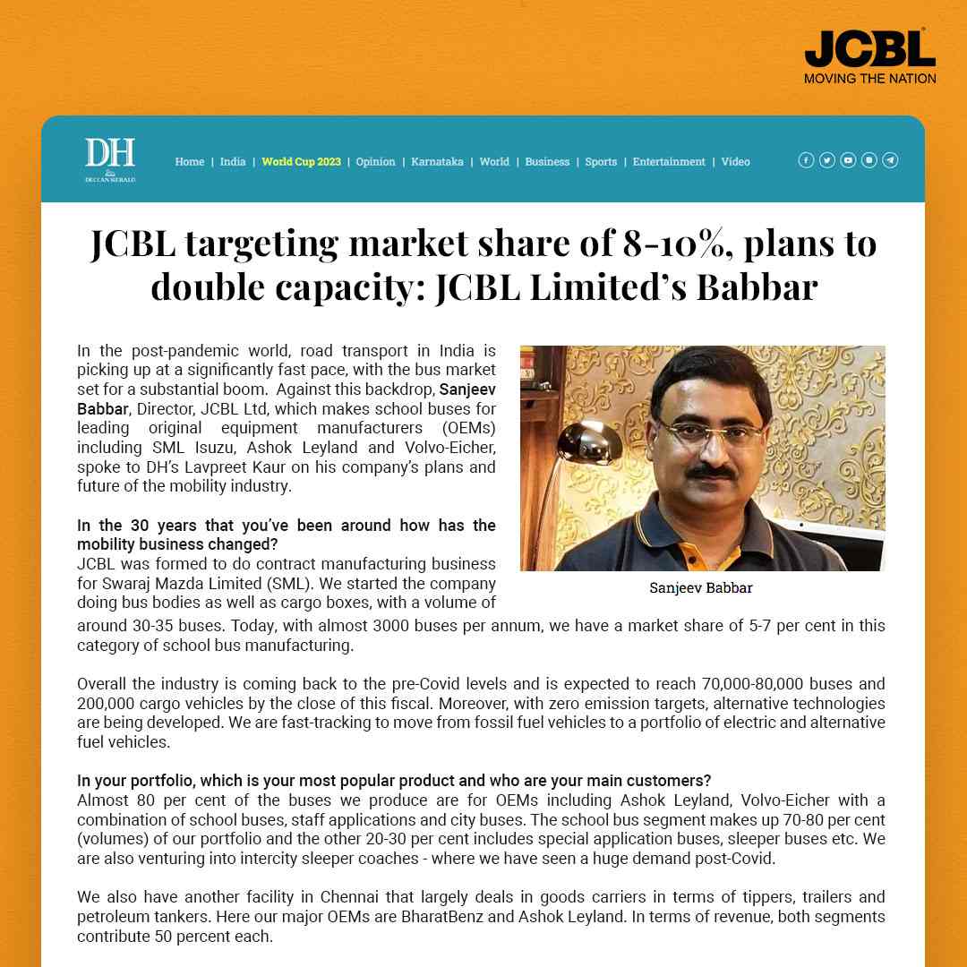 JCBL plans to double its capacity: Director Babbar, Deccan Herald, September 2023